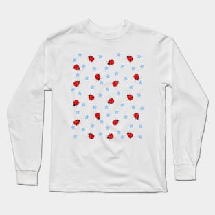 Ladybugs and Blue Flowers Pattern Long Sleeve T-Shirt